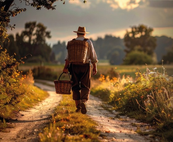 Ouderwetse boer met hoed loopt over landweg met manden, omringd door platteland bij zonsondergang.
