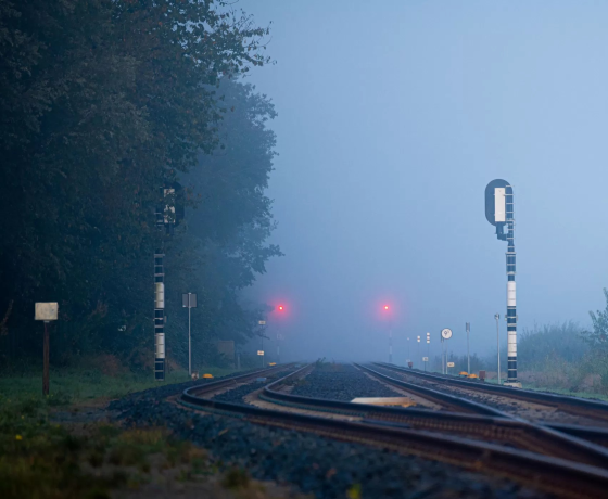 Mistige ochtend bij een spoorwegovergang met bomen, rode seinlichten en verlaten spoorrails.