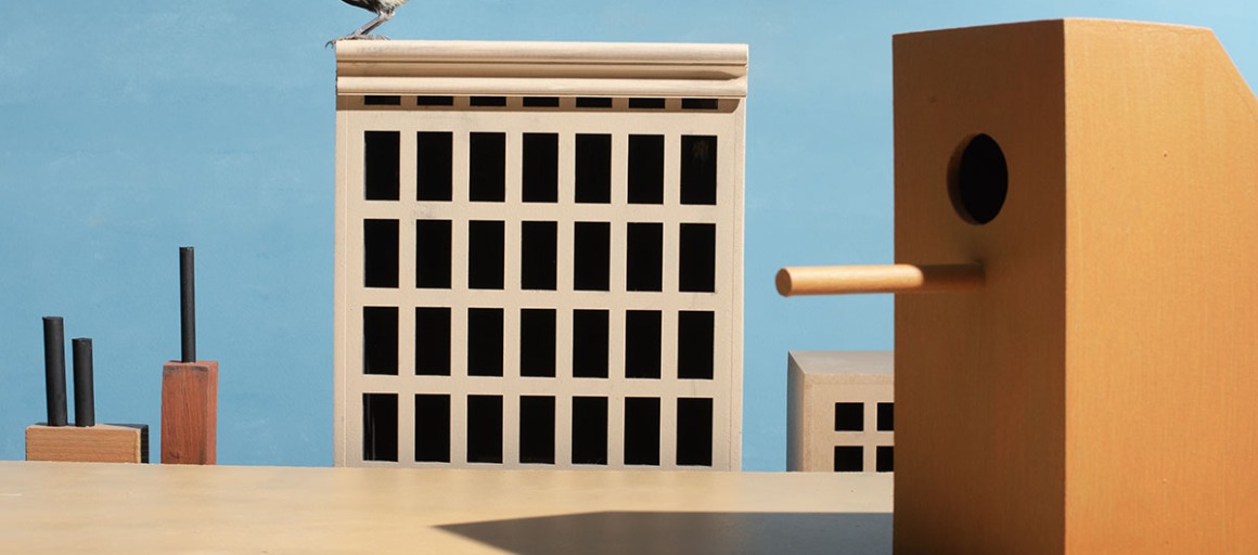 Een vogel zit op een modelgebouw, met houten vogelhuisjes en miniatuurgebouwen op de achtergrond.