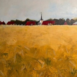Schilderij van een uitgestrekt geel veld met een dorp op de achtergrond en rode daken en een kerktoren.