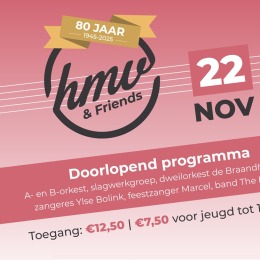 Affiche voor het 80-jarig jubileum van de Holtense Muziekvereniging met informatie over het evenement.