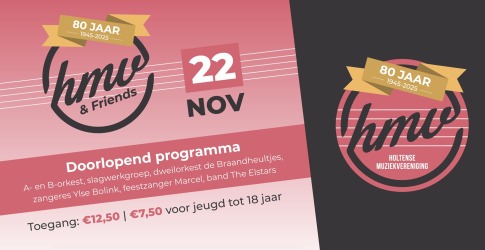 Affiche voor het 80-jarig jubileum van de Holtense Muziekvereniging met informatie over het evenement.