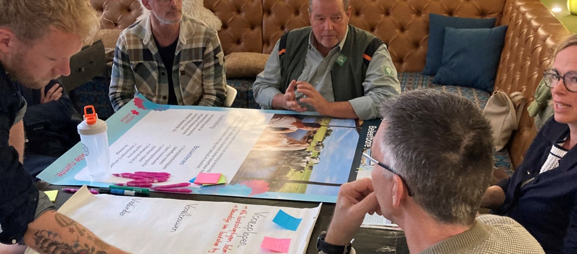 Een groep mensen zit rond een tafel, brainstormt en schrijft ideeën op grote vellen papier.