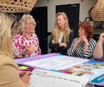 Vijf vrouwen zitten rond een tafel en bespreken notities tijdens een groepssessie in een moderne ruimte.