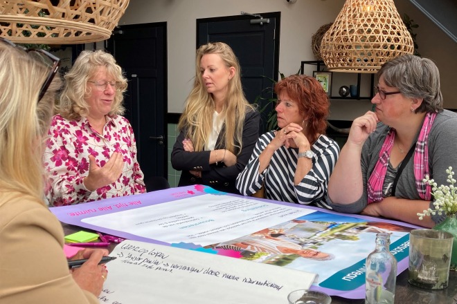 Vijf vrouwen zitten rond een tafel en bespreken notities tijdens een groepssessie in een moderne ruimte.