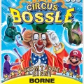 Poster van Circus Bossle met een clown, dieren, Mario-figuur en showinformatie voor optredens in Borne.