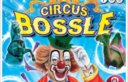 Poster van Circus Bossle met een clown, dieren, Mario-figuur en showinformatie voor optredens in Borne.