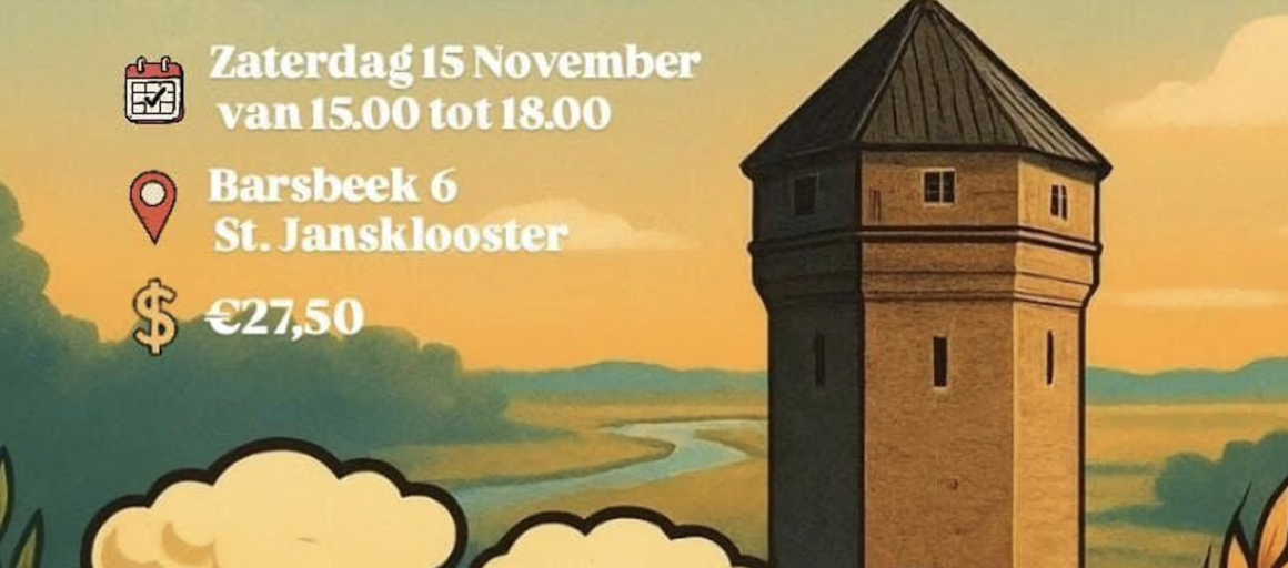 Illustratie van biertjes en toren met evenementdetails: 15 november, St. Jansklooster, €27,50 entree.