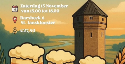 Illustratie van biertjes en toren met evenementdetails: 15 november, St. Jansklooster, €27,50 entree.