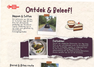 Informatieve flyer met wandel- en fietsroutes, speurtochten en culinaire stops in Noordoost-Twente.