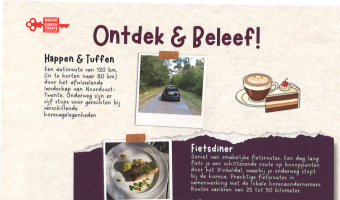 Informatieve flyer met wandel- en fietsroutes, speurtochten en culinaire stops in Noordoost-Twente.