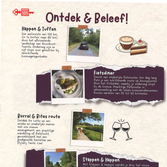 Informatieve flyer met wandel- en fietsroutes, speurtochten en culinaire stops in Noordoost-Twente.