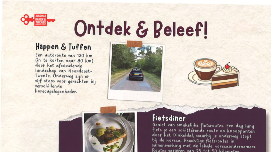 Informatieve flyer met wandel- en fietsroutes, speurtochten en culinaire stops in Noordoost-Twente.