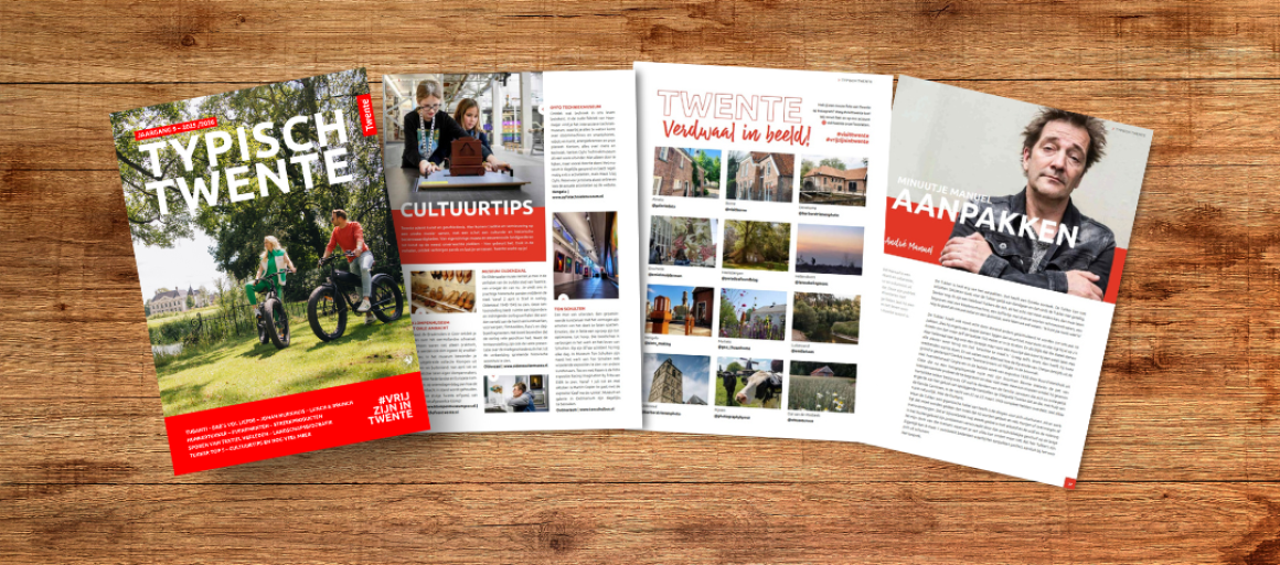 Een tijdschrift getiteld 'Typisch Twente' ligt open op een houten tafel, met pagina's over cultuur.