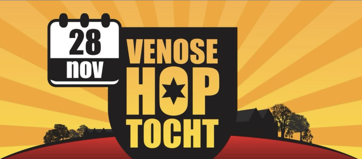 Poster voor de Venose Hoptocht op 28 november met een opkomende zon en bomen, NIX18-logo rechtsonder.