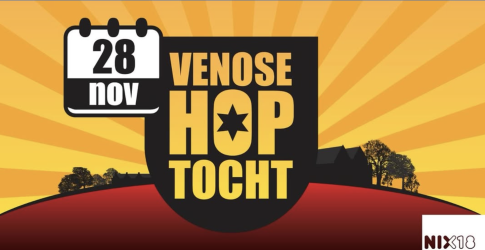 Poster voor de Venose Hoptocht op 28 november met een opkomende zon en bomen, NIX18-logo rechtsonder.