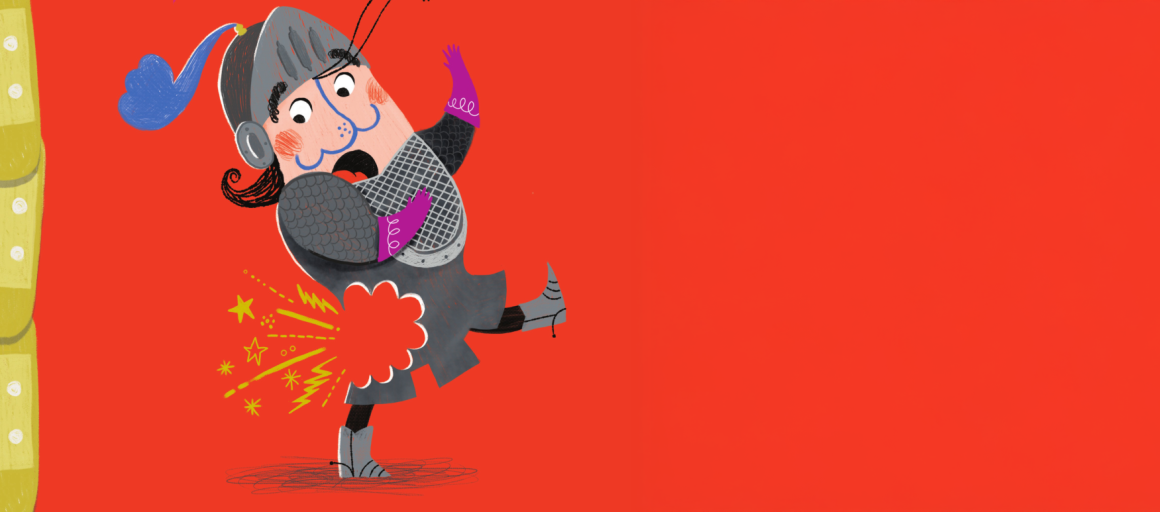 Illustratie van een ridder in harnas die in zijn billen wordt gestoken met een zwaard, tegen een rode achtergrond.