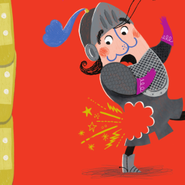 Illustratie van een ridder in harnas die in zijn billen wordt gestoken met een zwaard, tegen een rode achtergrond.