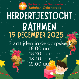 Poster voor de Herdertjestocht Bathmen op 19 december 2025 met starttijden en kerst decoraties.