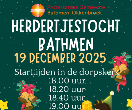 Poster voor de Herdertjestocht Bathmen op 19 december 2025 met starttijden en kerst decoraties.