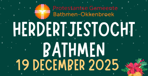 Poster voor de Herdertjestocht Bathmen op 19 december 2025 met starttijden en kerst decoraties.