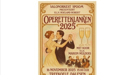 Affiche voor Operetteklanken 2025 met dansend paar, info over evenement en orkest in Dalfsen.