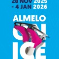 Promotieposter voor Almelo ON ICE schaatsbaan, 28 nov 2025 t/m 4 jan 2026, met roze schaatsen.