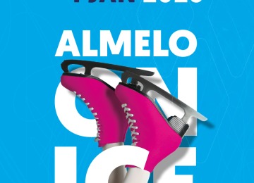 Promotieposter voor Almelo ON ICE schaatsbaan, 28 nov 2025 t/m 4 jan 2026, met roze schaatsen.