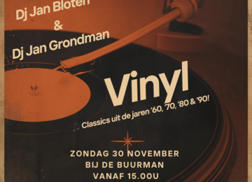 Poster voor een vinyl feest met DJ Jan Bloten en DJ Jan Grondman, zondag 30 november, gratis entree.