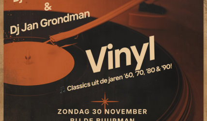 Poster voor een vinyl feest met DJ Jan Bloten en DJ Jan Grondman, zondag 30 november, gratis entree.