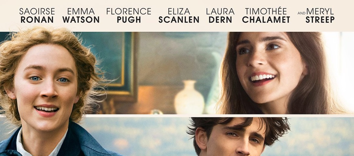 Filmposter van 'Little Women' met hoofdpersonages en namen van de cast, geregisseerd door Greta Gerwig.