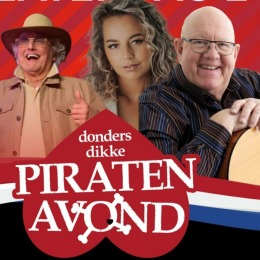 Afbeelding van artiesten op promoposter voor Donders Dikke Piraten Avond, met rood-wit-blauwe achtergrond.