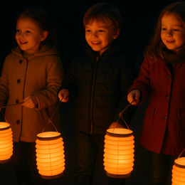 Drie lachende kinderen in warme jassen houden oranje lantaarns vast tijdens een nachtelijke optocht.