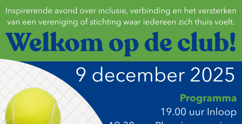 Poster voor 'Welkom op de club!' op 9 december 2025 in Staphorst, met sportballen en programma-informatie.