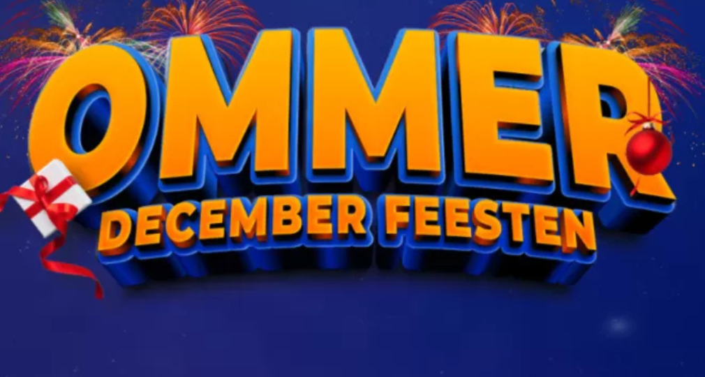 Logo van de Ommer December Feesten met vuurwerk, een cadeau en kerstbal in een blauwe achtergrond.