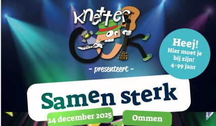 Poster voor Knetter OK event 'Samen sterk' met datum, locatie Ommen, info en vrolijke mensen.