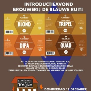 Flyer voor introductieavond van Brouwerij De Blauwe Ruit met afbeeldingen van vier bieren en details.