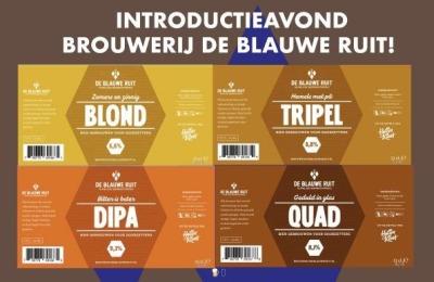 Flyer voor introductieavond van Brouwerij De Blauwe Ruit met afbeeldingen van vier bieren en details.