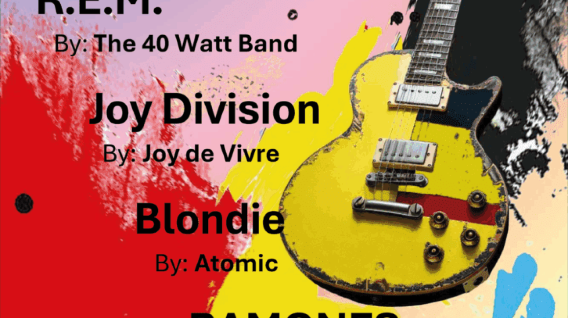 Poster voor Herberg Music Hall concert met tributebands van R.E.M., Joy Division, Blondie en Ramones.