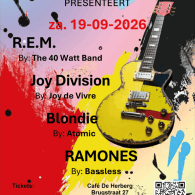 Poster voor Herberg Music Hall concert met tributebands van R.E.M., Joy Division, Blondie en Ramones.