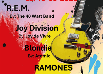 Poster voor Herberg Music Hall concert met tributebands van R.E.M., Joy Division, Blondie en Ramones.