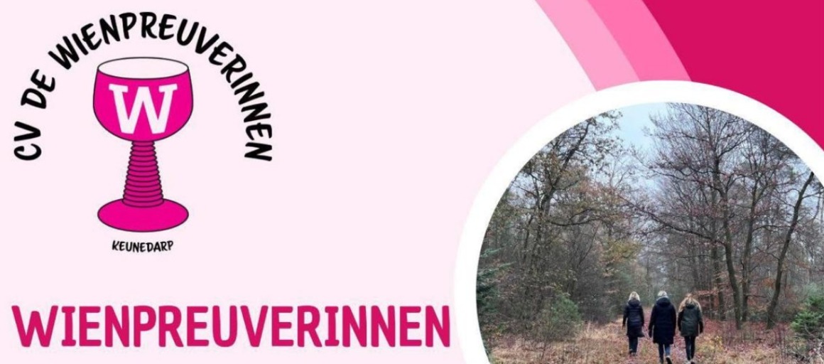 Affiche van de Wienpreuverinnen Winterwandeling met logo, tekst en foto van drie personen in het bos.