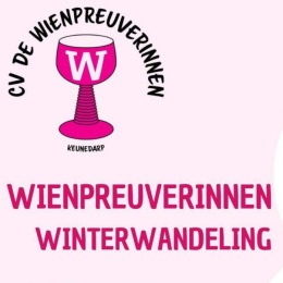Affiche van de Wienpreuverinnen Winterwandeling met logo, tekst en foto van drie personen in het bos.