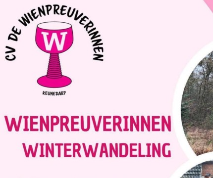Affiche van de Wienpreuverinnen Winterwandeling met logo, tekst en foto van drie personen in het bos.