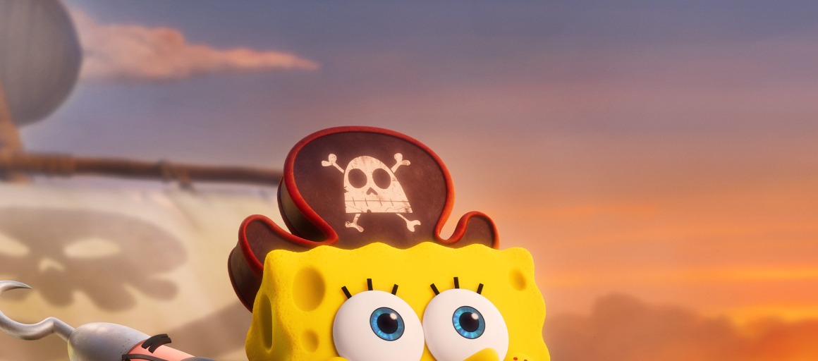 SpongeBob en Patrick op een piratenschip bij zonsondergang, met een groene spookpiraat op de voorgrond.