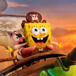 SpongeBob en Patrick op een piratenschip bij zonsondergang, met een groene spookpiraat op de voorgrond.