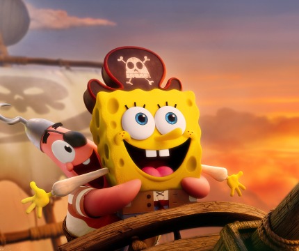 SpongeBob en Patrick op een piratenschip bij zonsondergang, met een groene spookpiraat op de voorgrond.