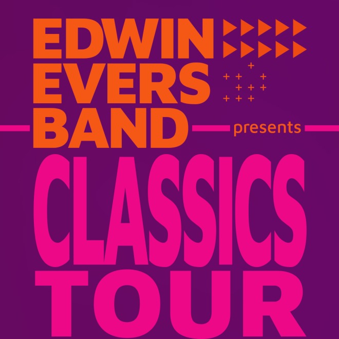 Poster van de Edwin Evers Band Classics Tour met opvallende oranje en roze tekst op een paarse achtergrond.