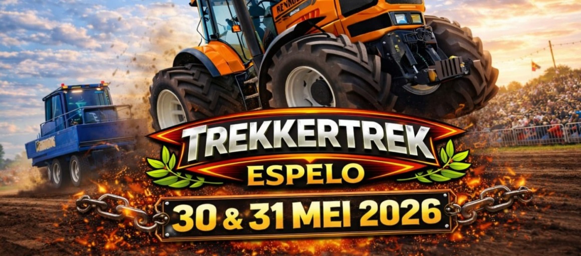 Promotieafbeelding voor Trekkertrek Espelo 2026 met een tractor en data 30 & 31 mei 2026 in actie.
