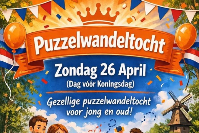 Affiche voor een gezellige puzzelwandeltocht op zondag 26 april met startlocatie De Vossenburcht.